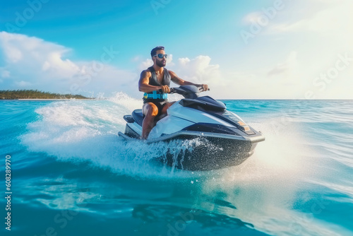 Good looking man driving a jet ski and having fun on vacation in summer, adrenaline experience. Generative AI © MVProductions