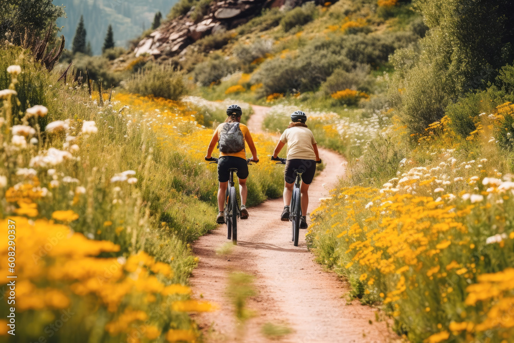 A couple riding bicycle on a scenic path lined with blooming wildflowers