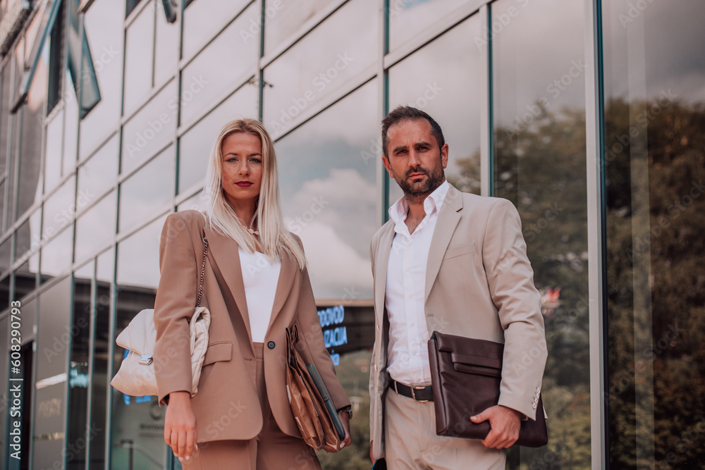 Modern business couple after a long day's work, walking together towards the comfort of their home, embodying the perfect blend of professional success and personal contentment.