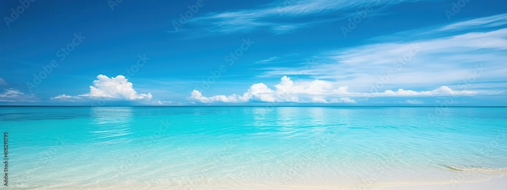 Fototapeta premium Beautiful sandy beach with white sand and rolling calm wave of turquoise ocean on Sunny day. White clouds in blue sky are reflected in water. Maldives, perfect scenery landscape, copy space
