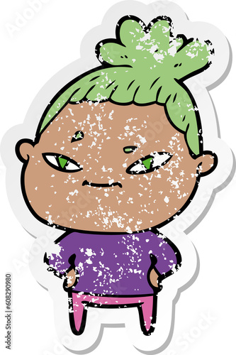 distressed sticker of a cartoon woman