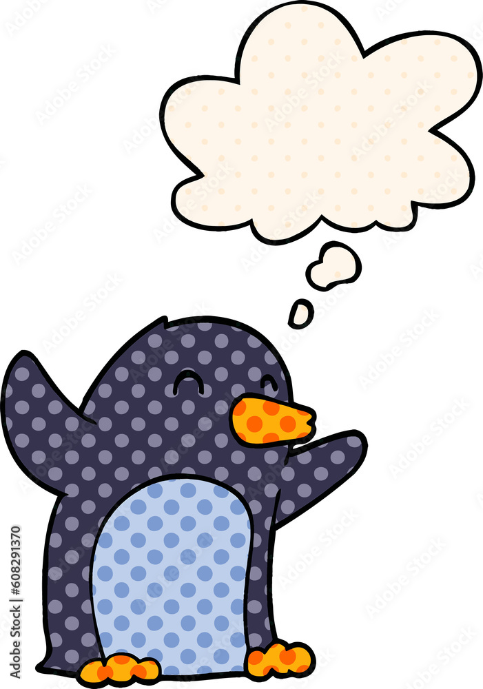 cartoon excited penguin with thought bubble in comic book style cartoon excited penguin with thought bubble in comic book style