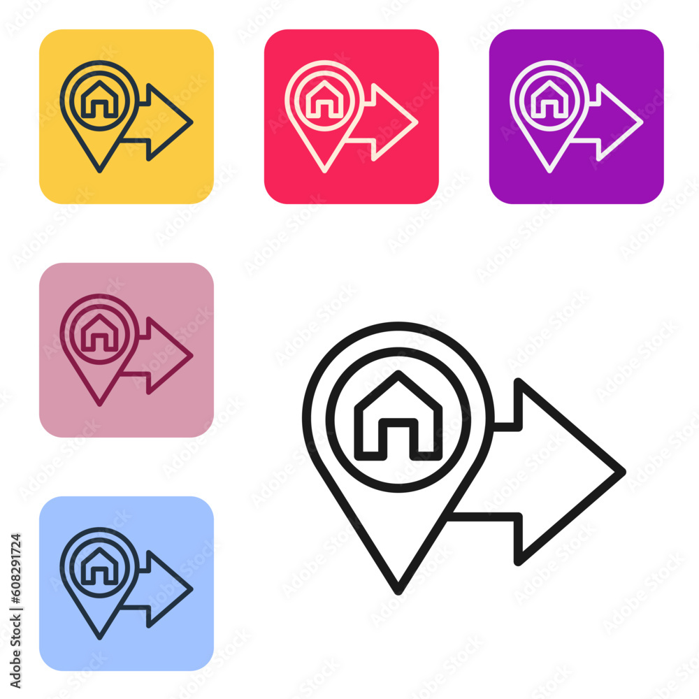 Black line Map pointer with house icon isolated on white background. Home location marker symbol. Set icons in color square buttons. Vector Black line Map pointer with house icon isolated on white background. Home location marker symbol. Set icons in color square buttons. Vector