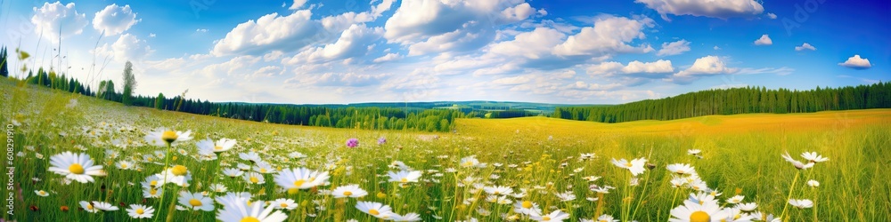 Beautiful summer colorful panoramic landscape of flower meadow with daisies against blue sky with clouds