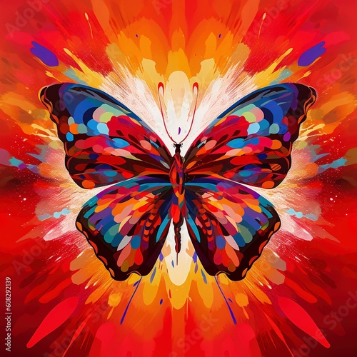 Vibrant Abstract Butterfly Digital Art on Red Background