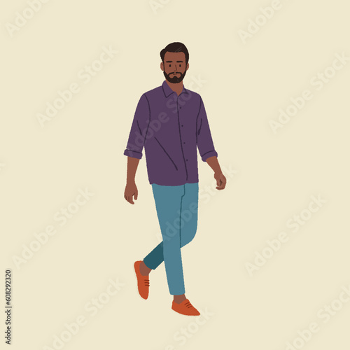 Full-size body length happy young successful employee businessman walking editable vector illustration  