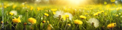 Beautiful summer natural background with yellow dandelion flowers in grass against of dawn morning. Ultra-wide panoramic landscape, banner format