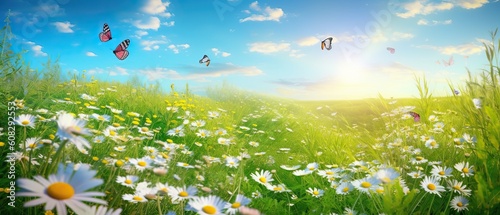 Beautiful summer spring meadow with blooming field daisies and fluttering butterflies in the rays of the sun against a blue sky with clouds. Floral natural background