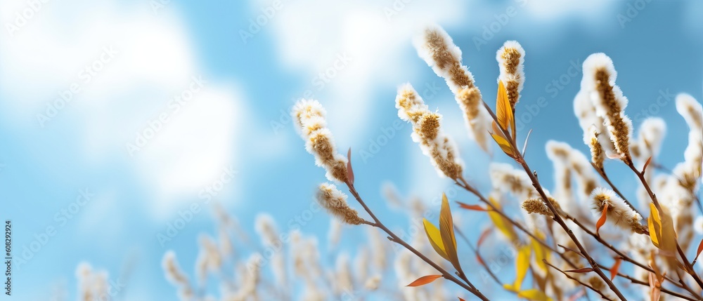 Beautiful symbolic spring easter image of wide format twigs of blossoming pussy willow against background of light blue sky with light clouds, selective soft focus