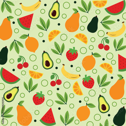 Tropical summer fruit seamless pattern  abstract  Fresh fruits wallpaper  fruit mix design for fabric and decor  cute vector background. bright summer fruits illustration   hawaiian  colorful design