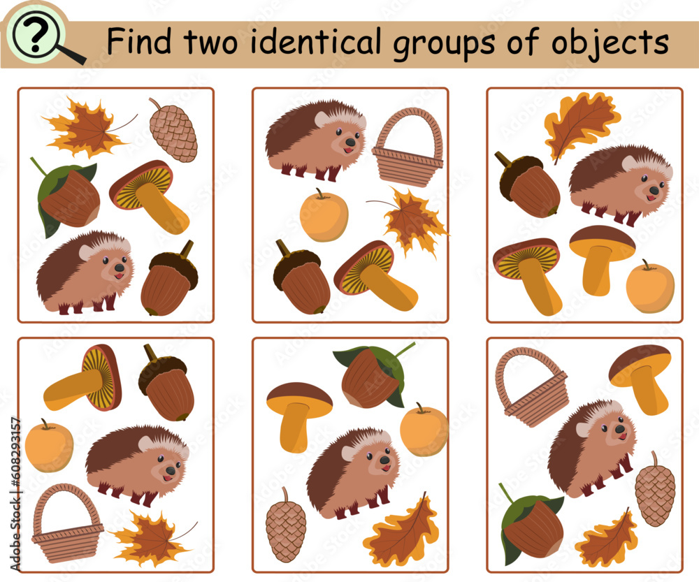 Obraz premium Find two identical groups of objects. Educational logical game for children with hedgehog, nuts, autumn leaves. Vector illustration.