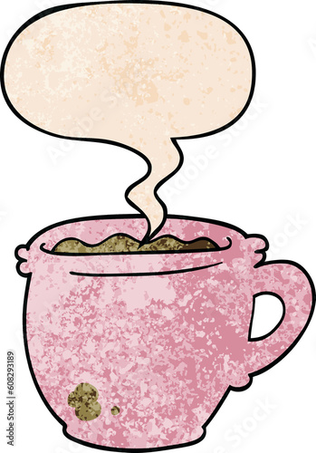 cartoon hot cup of coffee with speech bubble in retro texture style