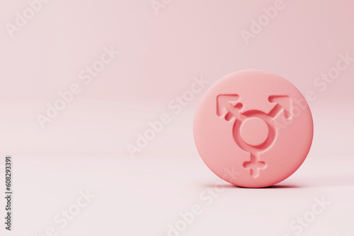 Gender hormone pill with a transgender symbol. 3D Rendering