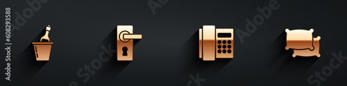 Set Champagne in an ice bucket, Door handle, Telephone handset and Pillow icon with long shadow. Vector