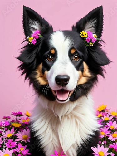 Realistic dog generated by artificial intelligence surrounded by flowers