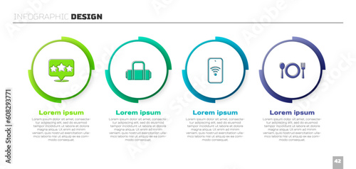Set Five stars rating review, Suitcase, Mobile with wi-fi wireless and Plate, fork and knife. Business infographic template. Vector
