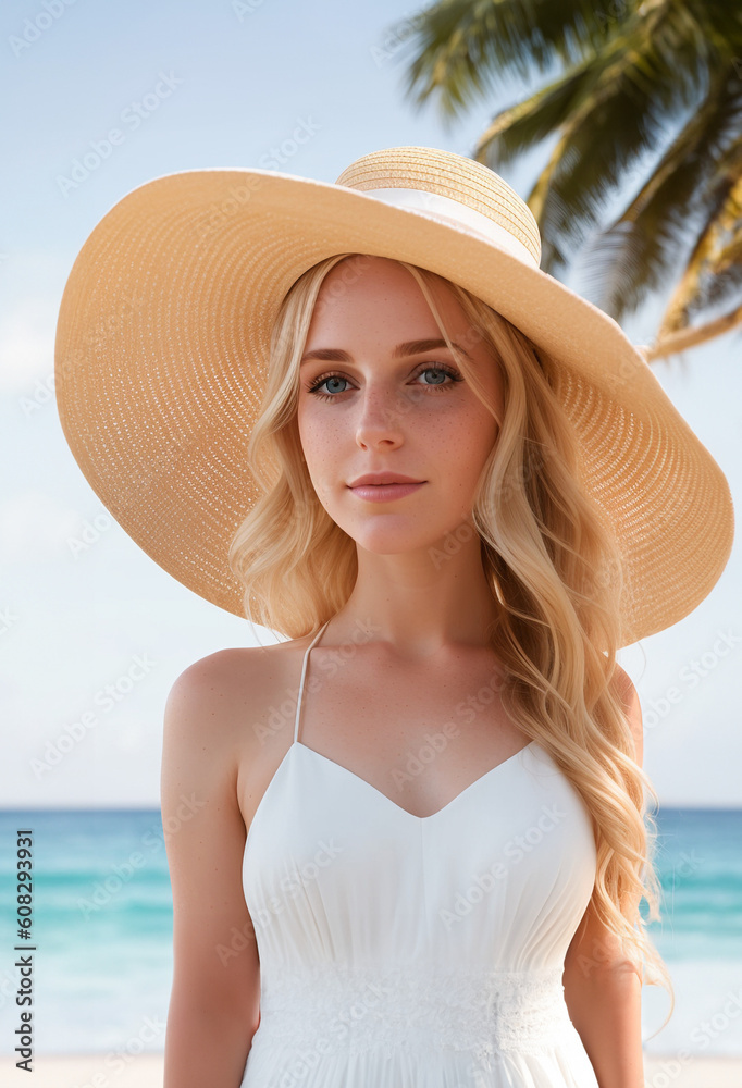 illustrazione con affascinante giovane donna in abito bianco e cappello in paglia, lunghi capelli biondi sciolti sulle spalle, sfondo spiaggia e mare estivo, primo piano, generative ai