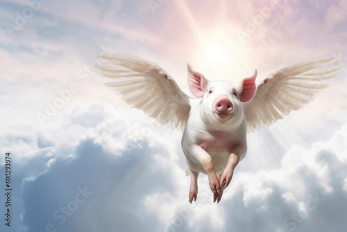 ein Schwein mit Flügeln, das über den blauen Himmel fliegt, a pig with wings flying above the blue sky, photo