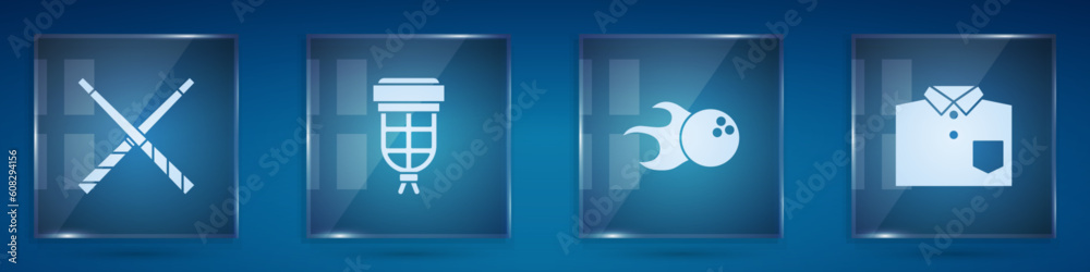 Set Crossed billiard cues, Billiard pocket, Bowling ball and shirt. Square glass panels. Vector Set Crossed billiard cues, Billiard pocket, Bowling ball and shirt. Square glass panels. Vector
