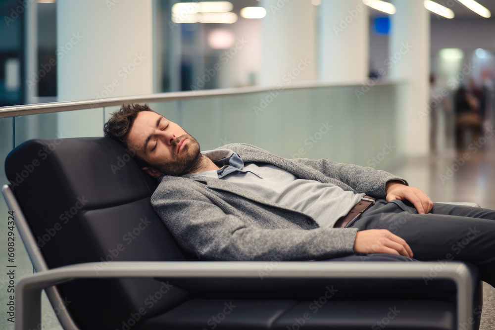 Man peacefully sleeping at the airport terminal while waiting on his flight to leave. Generative AI