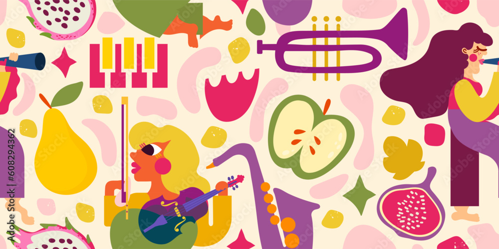 Seamless pattern for harvest day, farmer's market or food fair. Music, fruit, relaxing atmosphere. This design will make your project more interesting and festive!