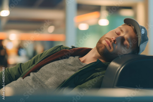 Man peacefully sleeping at the airport terminal while waiting on his flight to leave. Generative AI