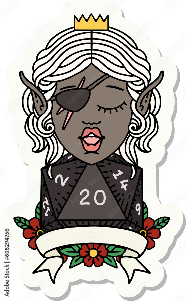 sticker of a elf rogue character with natural twenty dice roll sticker of a elf rogue character with natural twenty dice roll