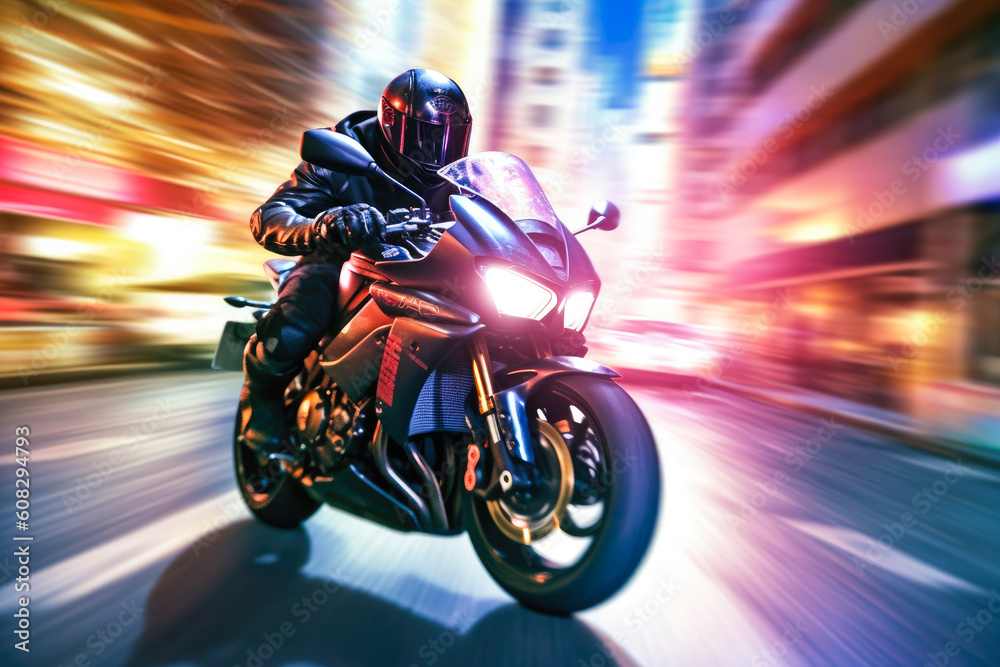 Thrilling high-speed motorcycle chase like movie scene, adrenaline ride, dangerous. Generative AI