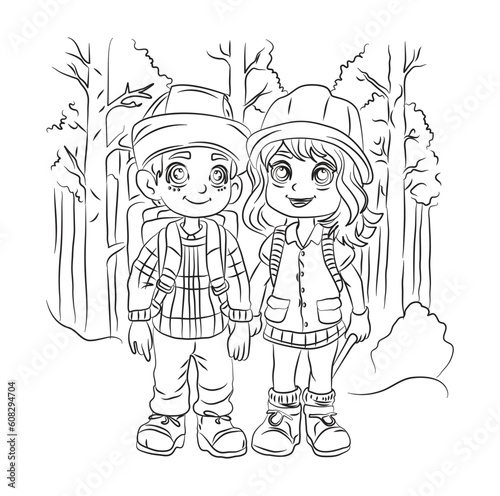 Vector coloring page cheerful little girl and boy Foresters