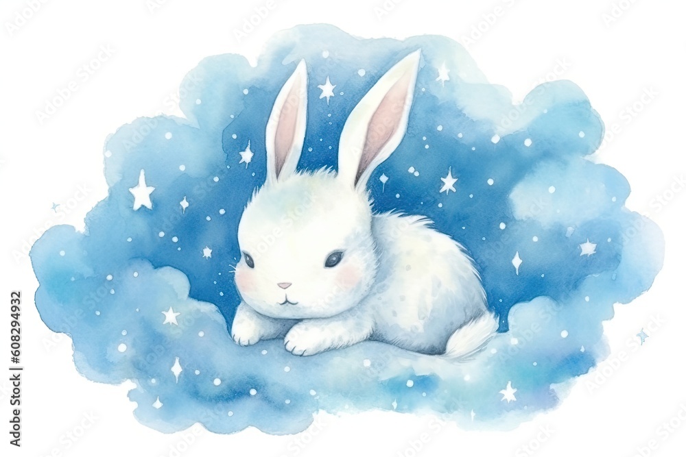 dreamy and ethereal watercolor print of a rabbit surrounded by floating clouds and stars. soft pastel shades and gentle brushstrokes to create a sense of tranquility and enchantment Generative AI dreamy and ethereal watercolor print of a rabbit surrounded by floating clouds and stars. soft pastel shades and gentle brushstrokes to create a sense of tranquility and enchantment Generative AI