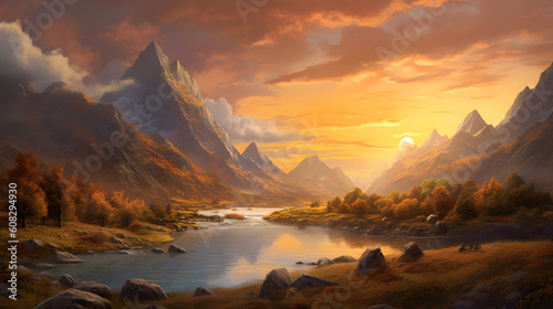 Mountains in soft golden light, moody river cutting through the landscape. -AI Generated-