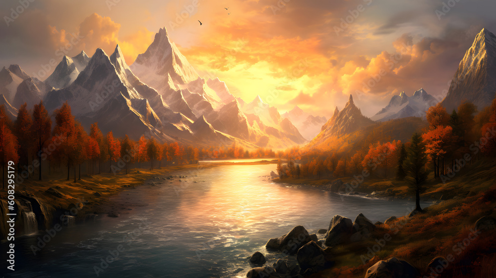 Mountains in soft golden light, moody river cutting through the landscape. -AI Generated-