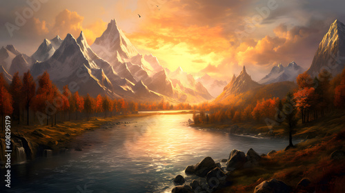 Mountains in soft golden light, moody river cutting through the landscape. -AI Generated- © KaiLucas