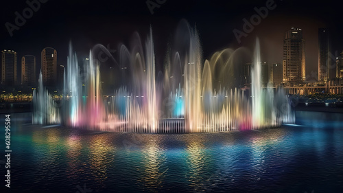Dubai Fountain Water Show at night and Dubai skyline view. Generative Ai