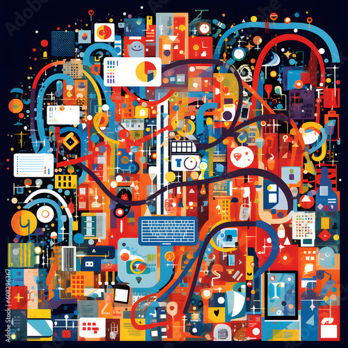 The interconnectedness of the digital world through a visually dynamic composition featuring a collage of social media icons and symbols. Generated IA