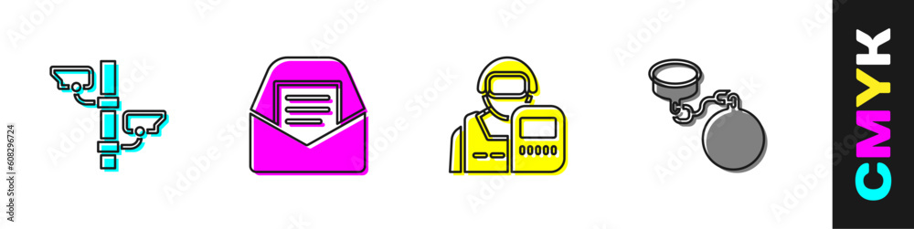 Set Security camera, Mail and e-mail, Police officer and Ball on chain icon. Vector