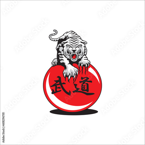 vector tiger riding a red ball with Chinese inscription which means wild