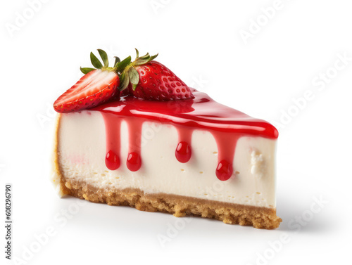 A slice of strawberry cheesecake with a strawberry on top isolated on white background