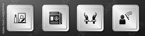 Set Mourning photo frame, News, Handcuffs on hands of criminal and Police beat human icon. Silver square button. Vector