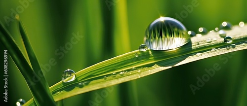 Beautiful water drop sparkle on a blade of grass in sunlight, macro. Big droplet of morning dew outdoor. Amazing artistic image of purity of nature