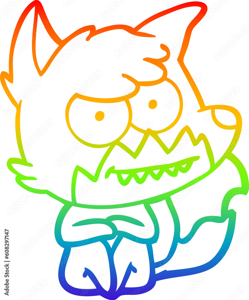 rainbow gradient line drawing of a cartoon grinning fox sitting rainbow gradient line drawing of a cartoon grinning fox sitting