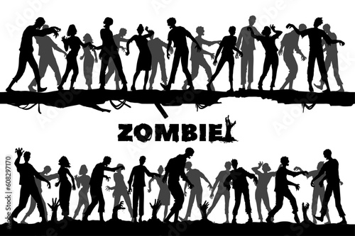 Zombies on the floors, a large number of zombies, crowd, silhouettes, vector illustration isolated on white background