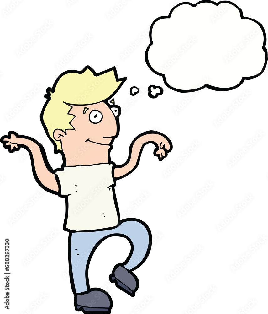 cartoon happy man doing funny dance with thought bubble cartoon happy man doing funny dance with thought bubble