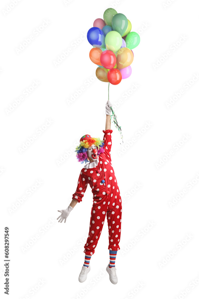 Clown flying with a bunch of balloons