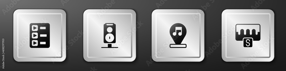 Set Music playlist, Stereo speaker, note, tone and wave equalizer icon. Silver square button. Vector Set Music playlist, Stereo speaker, note, tone and wave equalizer icon. Silver square button. Vector