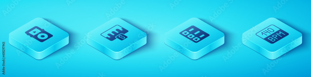 Set Isometric Music player, wave equalizer, Bitrate and playlist icon. Vector