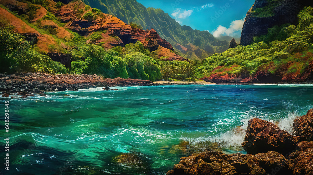 Kauai, Hawaii, US, bright color. Generative Ai