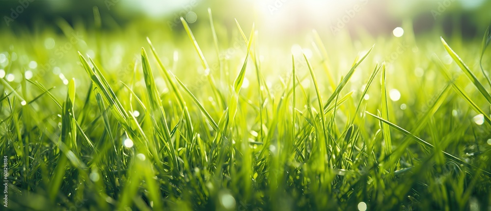 Beautiful wide format natural background macro image of young juicy green grass in bright summer spring morning sunlight Beautiful wide format natural background macro image of young juicy green grass in bright summer spring morning sunlight