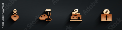 Set Religious cross in heart, Goblet and bread, Babel tower bible story and Donation for church icon with long shadow. Vector