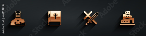 Set Knight crusader, Holy bible book, Crusade and Babel tower story icon with long shadow. Vector